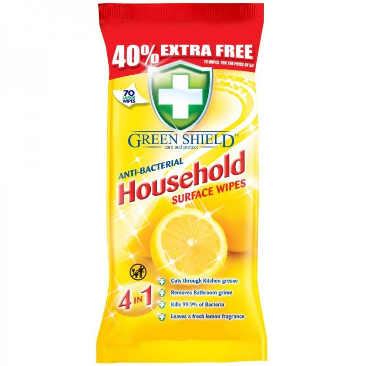 GREEN SHIELD HOUSEHOLD WIPES antibakterinės buitinių paviršių servetėlės 70 vnt